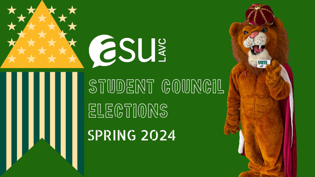 Green and yellow banner with Orange Monarch Lion text reads Student Council Elections spring 2024