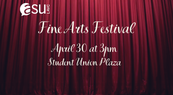 Red curtain with the words fine arts festival april 30 at 3pm