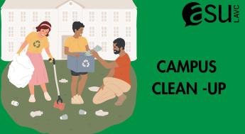 Green background with cartoon of 3 people picking up trash