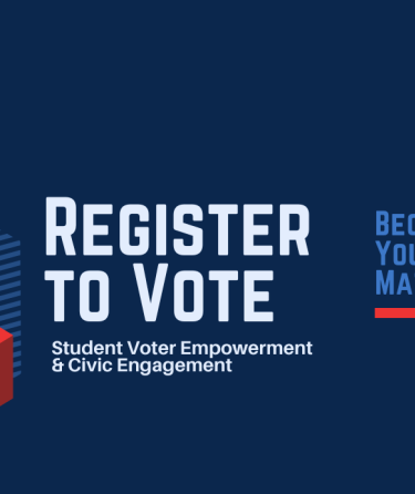 Red and Blue banner the reads register to vote student voter empowerment and civic engagement