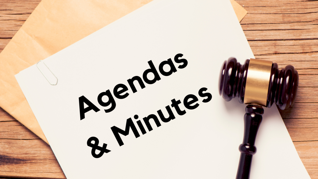 a brown gavel on a white paper with text that reads agendas and minutes
