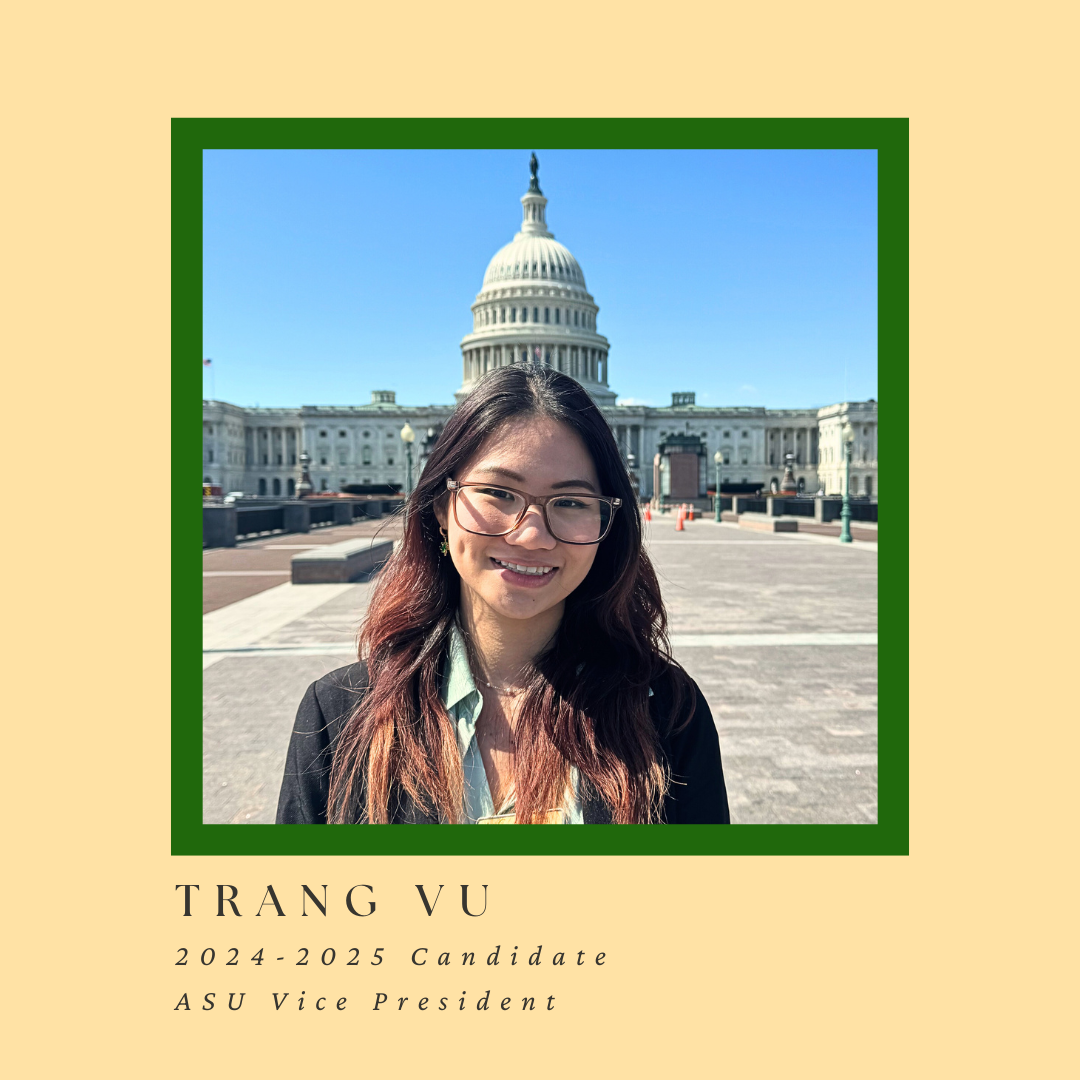 Yellow box with an image of a young woman with long dark hair wearing glasses standing in front of the U.S. Capitol. 