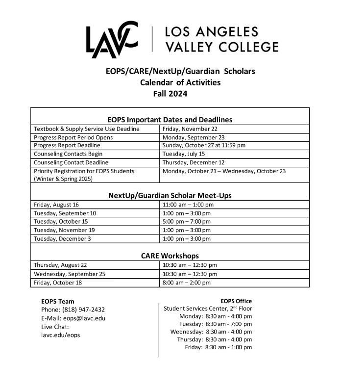 Dates and deadlines for Fall 2024 for EOPS