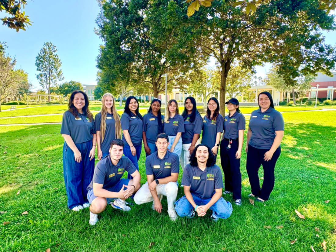 12 people in gray polos standing outdoors for a photo